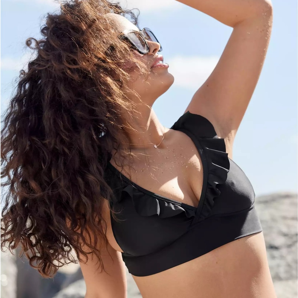 Aerie Black Small Ruffle Longline Bikini Top
